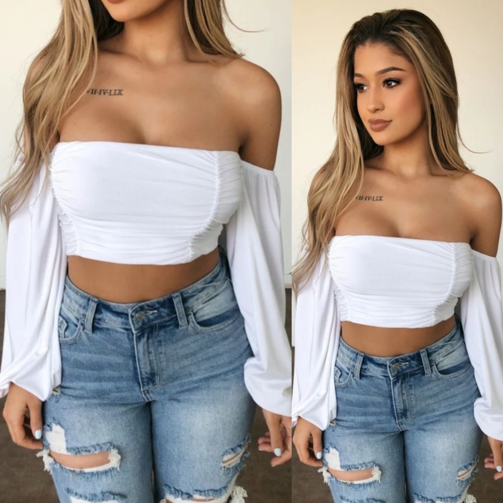 . OOTDFASH Bella Off White Long Sleeve Off The Shoulder Crop Top
